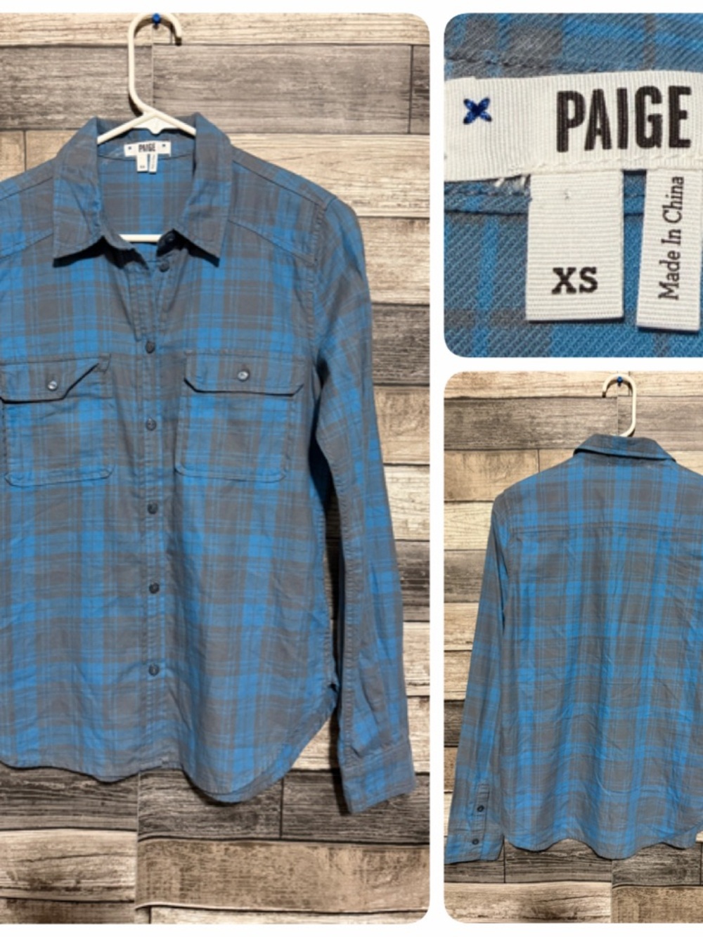 Paige Flannel Shirt Women’s XS Blue Gray Plaid Button Up 100% Cotton